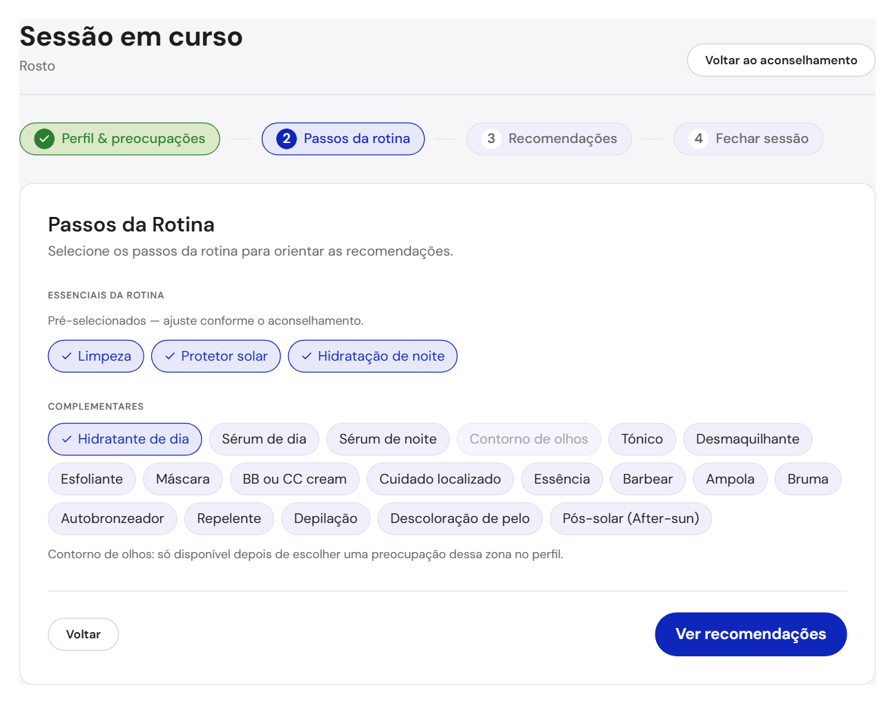 Ecrã do abitat pharma: escolher os passos da rotina